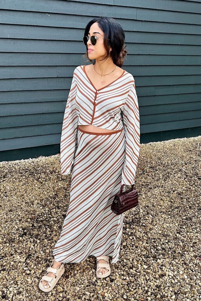 Brown and White Diagonal Striped Co-ord Set + Tan Chunky Sandals + Brown Mock-Croc Handbag