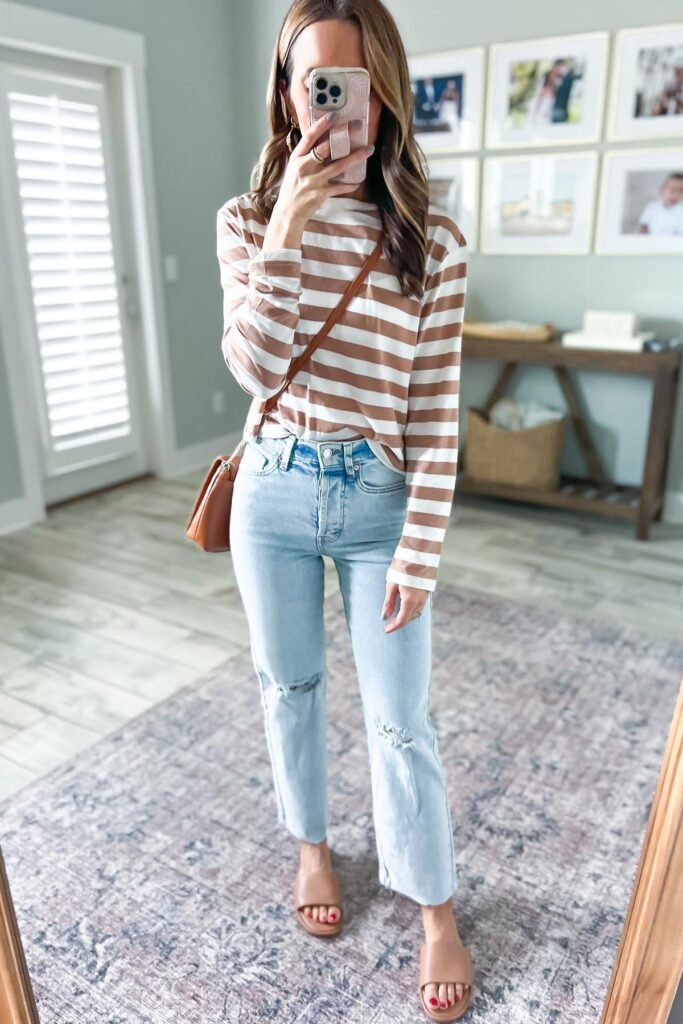 Brown and White Striped Long Sleeve Tee + Light Wash Distressed Straight Jeans + Tan Slide Sandals