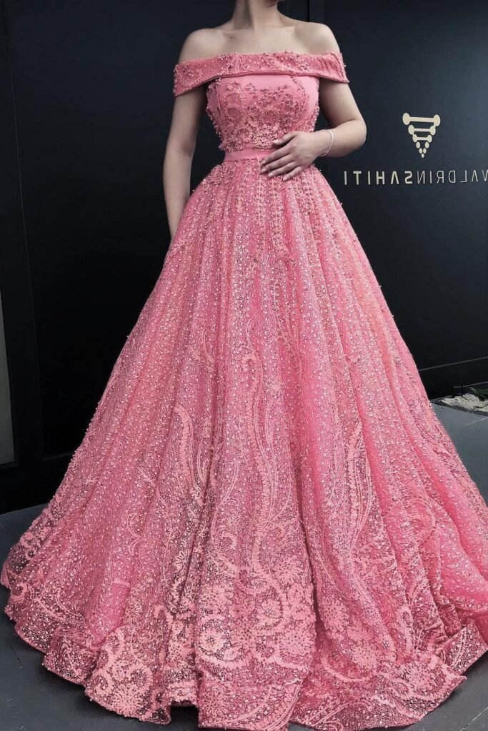 Bubblegum Pink Off-the-Shoulder Ballgown + Allover Intricate Beading + Scalloped Hem