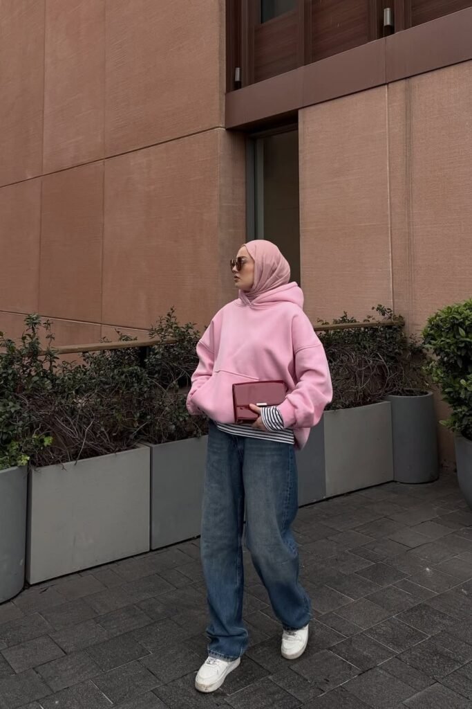 Bubblegum Pink Oversized Hoodie + Baggy Blue Jeans + White Sneakers