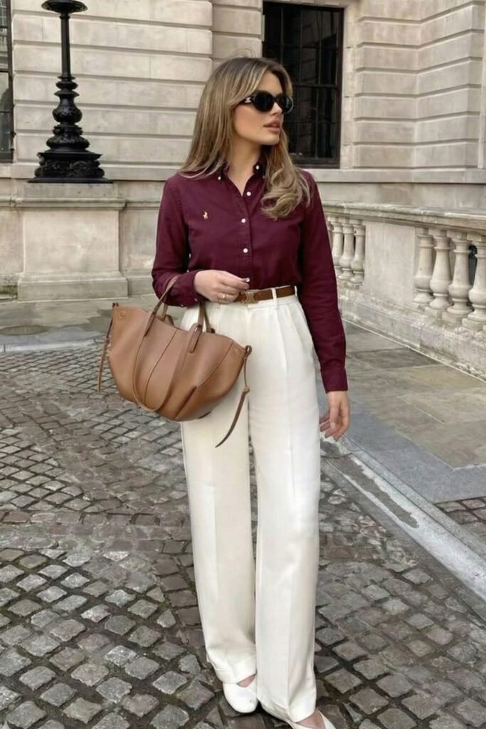Burgundy Button-Down Shirt + White Wide-Leg Trousers + Tan Leather Tote