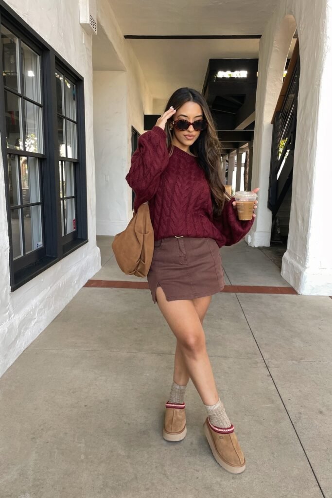 Burgundy Cable-Knit Sweater + Brown Mini Skirt + Platform Embroidered Mules