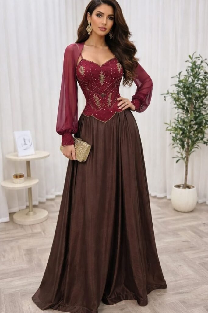 Burgundy Embroidered Corset + Sheer Long Sleeves + Chocolate Brown Maxi Skirt