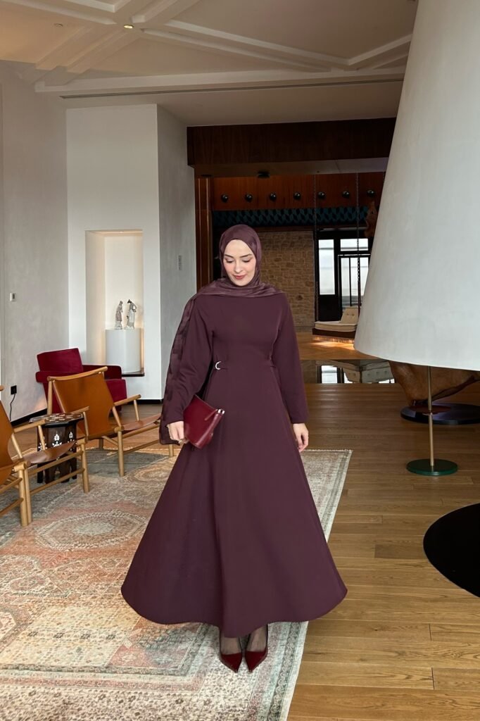 Burgundy Long-Sleeve Maxi Dress + Matching Satin Hijab + Dark Red Heels