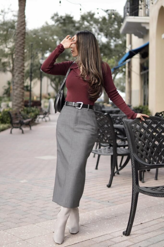 Burgundy Long-Sleeve Polo + Grey Column Skirt + Beige Pointed-Toe Boots