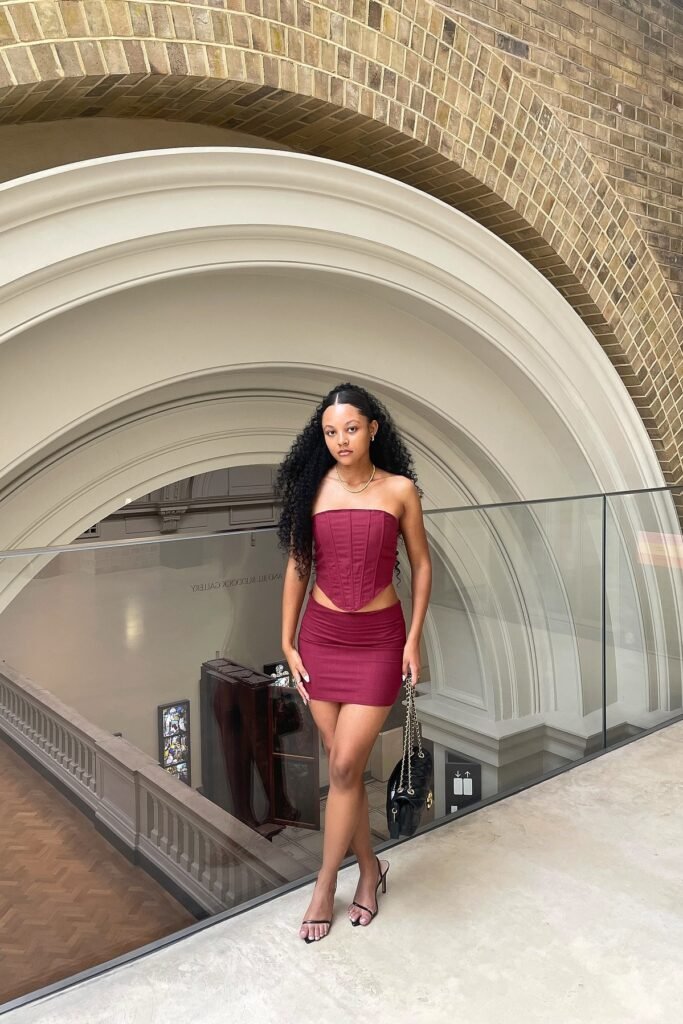 Burgundy Strapless Corset Top + Matching Burgundy Mini Skirt + Black Strappy Heels