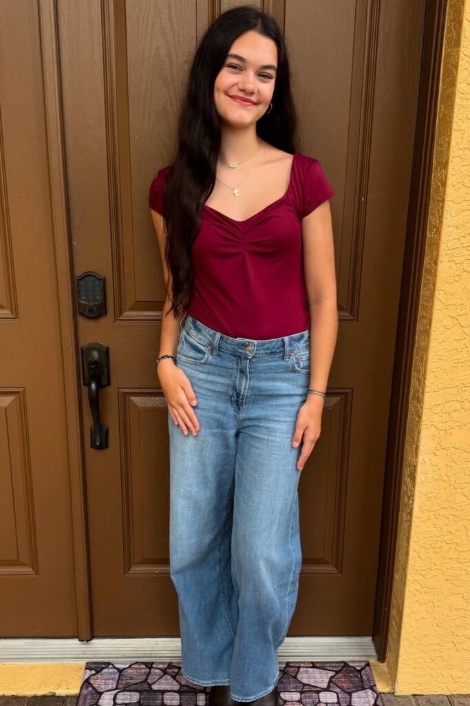 Burgundy Sweetheart Neckline Short-Sleeve Top + Light Wash Wide-Leg Jeans + Dark Boots