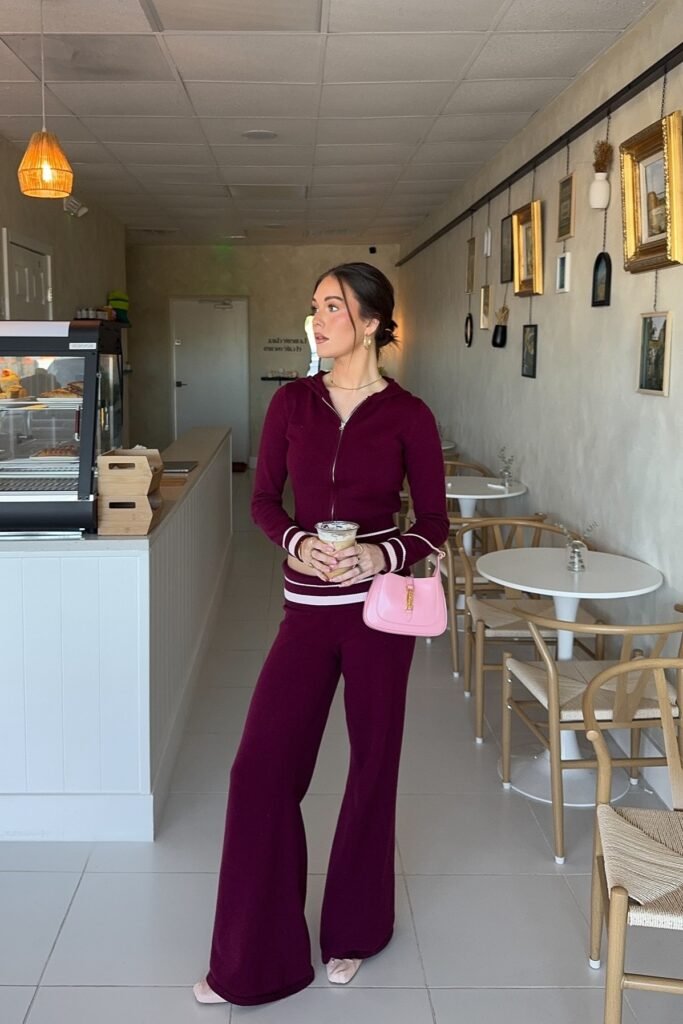 Burgundy Zip-Up Hoodie + Burgundy Flared Lounge Pants + Pink Shoulder Bag
