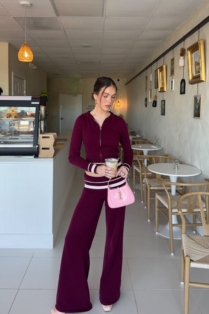Burgundy Zip-Up Hoodie + Matching Burgundy Wide-Leg Track Pants + Pink Pointed Flats