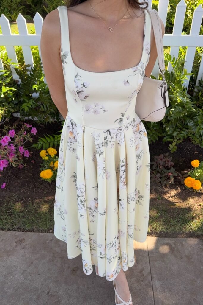 Buttercream Floral Midi Dress + White Strappy Sandals + Off-White Shoulder Bag
