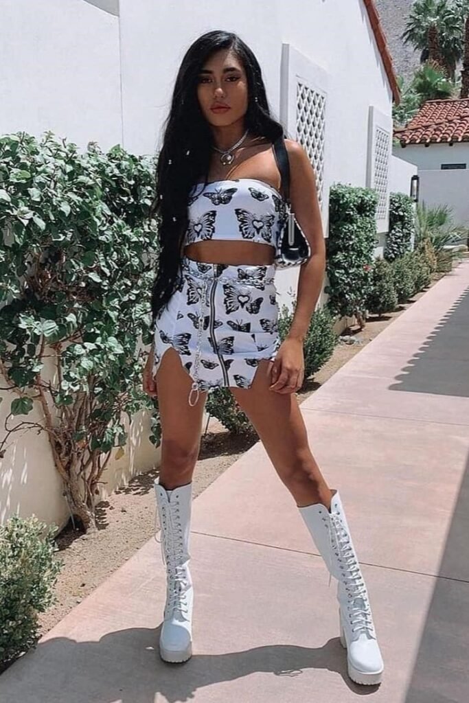 Butterfly Print Bandeau Top + Matching Side-slit Mini Skirt + White Platform Lace-up Boots