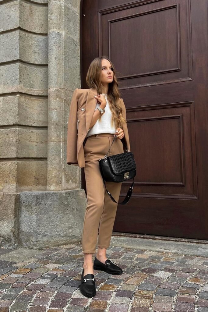 Camel Blazer + White Ribbed Top + Camel Tapered Trousers + Black Bit Loafers