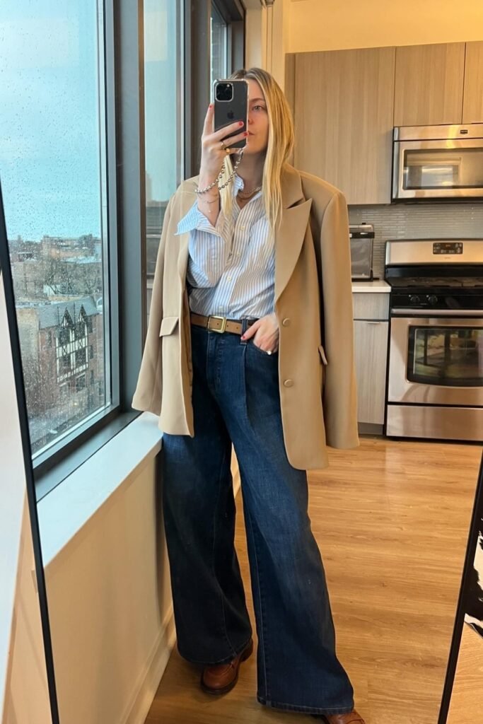 Camel Oversized Blazer + Blue Striped Button-Down + Dark Wash Wide-Leg Jeans + Brown Leather Loafers