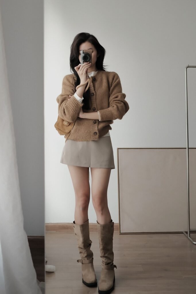 Camel Shaggy Knit Cardigan + Taupe Mini Skirt + Suede Knee-High Boots