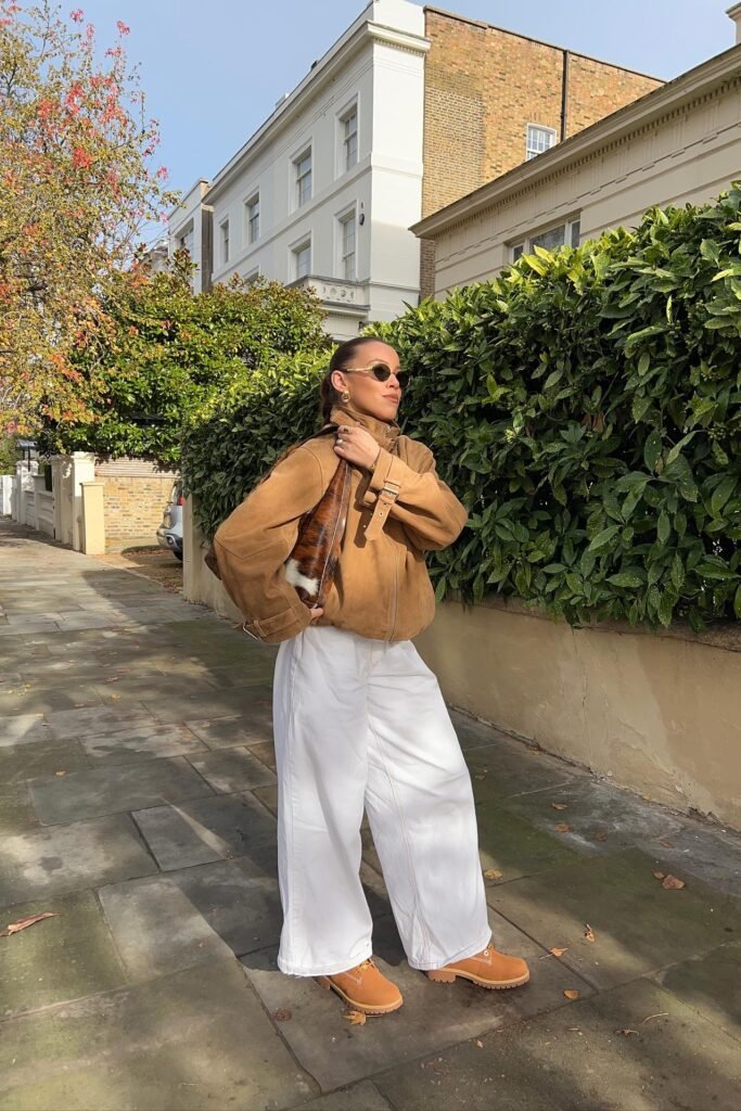 Camel Suede Bomber Jacket + White Wide-Leg Trousers + Tan Work Boots