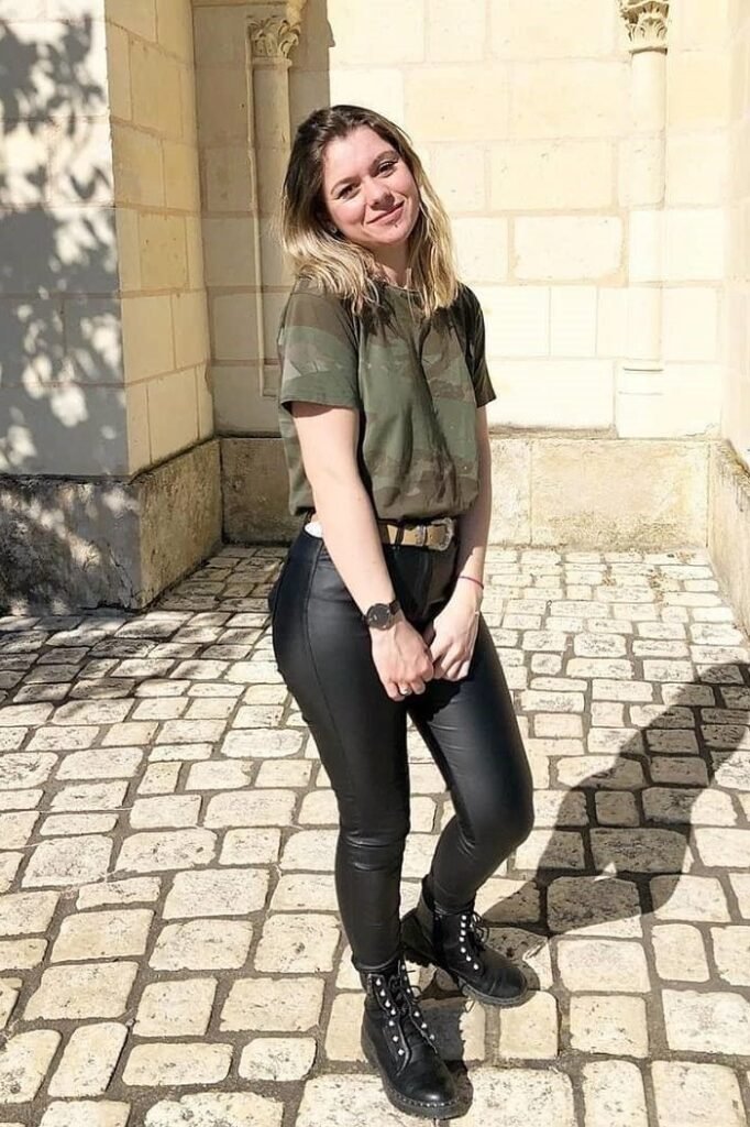 Camo Print T-Shirt + Black Faux Leather Skinny Pants + Black Combat Boots