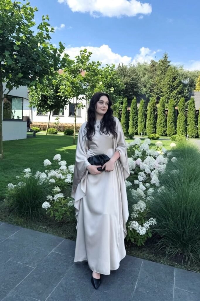 Champagne Satin Kaftan Dress + Black Pointed-Toe Flats + Black Leather Clutch