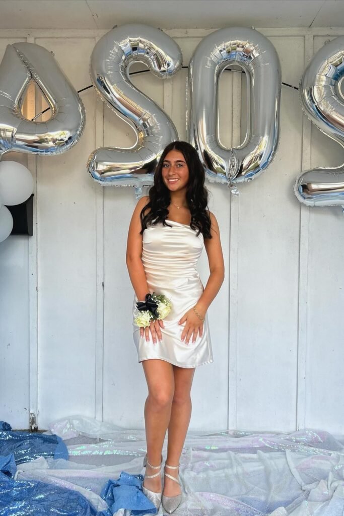 Champagne Satin One-Shoulder Ruched Mini Dress + Silver Glitter Pointed Heels