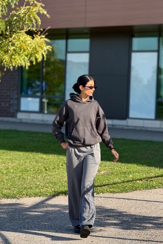 Charcoal Grey Pullover Hoodie + Medium Grey Wide-Leg Sweatpants + Black Sneakers