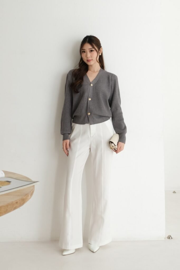 Charcoal Grey V-Neck Cardigan + White Flared Trousers + White Pointed Heels