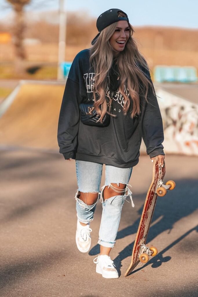Charcoal Oversized Crewneck + Distressed Light Wash Jeans + White Platform Sneakers
