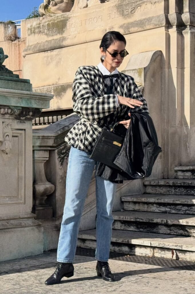 Checkered Blazer + White Button-Down + Straight Leg Jeans + Black Lace-up Boots