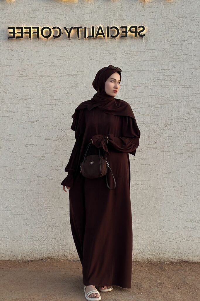Chocolate Brown Hooded Abaya + Chocolate Brown Hijab + White Double-Strap Sandals