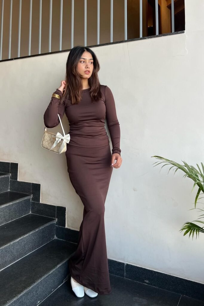 Chocolate Brown Long-Sleeve Maxi Dress + White Square-Toe Flats + Cream Printed Shoulder Bag