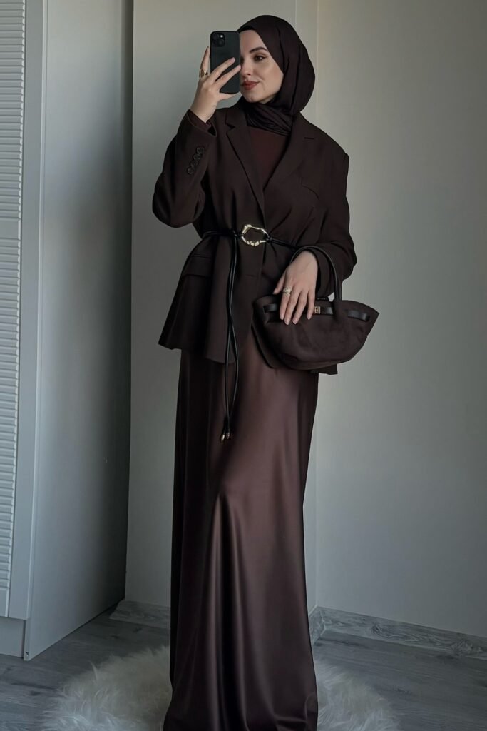 Chocolate Brown Oversized Blazer + Satin Maxi Skirt + Dark Brown Hijab + Black Cord Belt