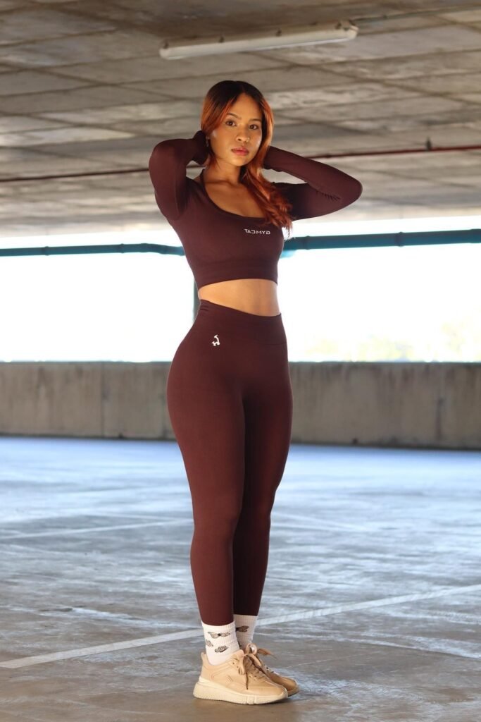 Chocolate Brown Scoop Neck Long Sleeve Crop Top + Chocolate Brown High-Waisted Leggings + Tan Chunky Sneakers