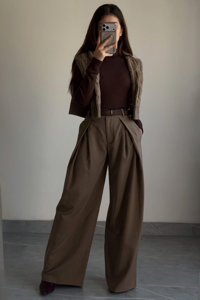 Chocolate Brown Turtleneck + Brown Pleated Wide-Leg Trousers + Taupe Knit Vest + Dark Brown Pointed Boots