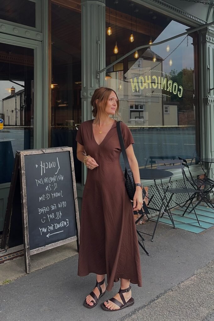 Chocolate Brown V-Neck Maxi Dress + Dark Brown Strappy Sandals + Black Woven Bag
