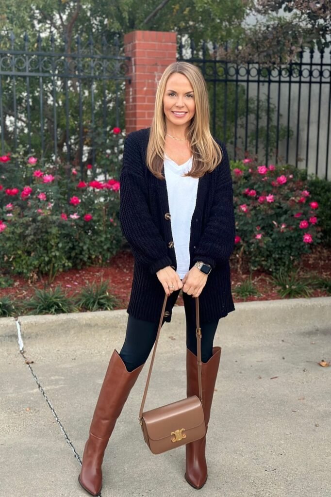 Chunky Black Cardigan + White V-Neck Tee + Black Leggings + Chestnut Brown Tall Boots