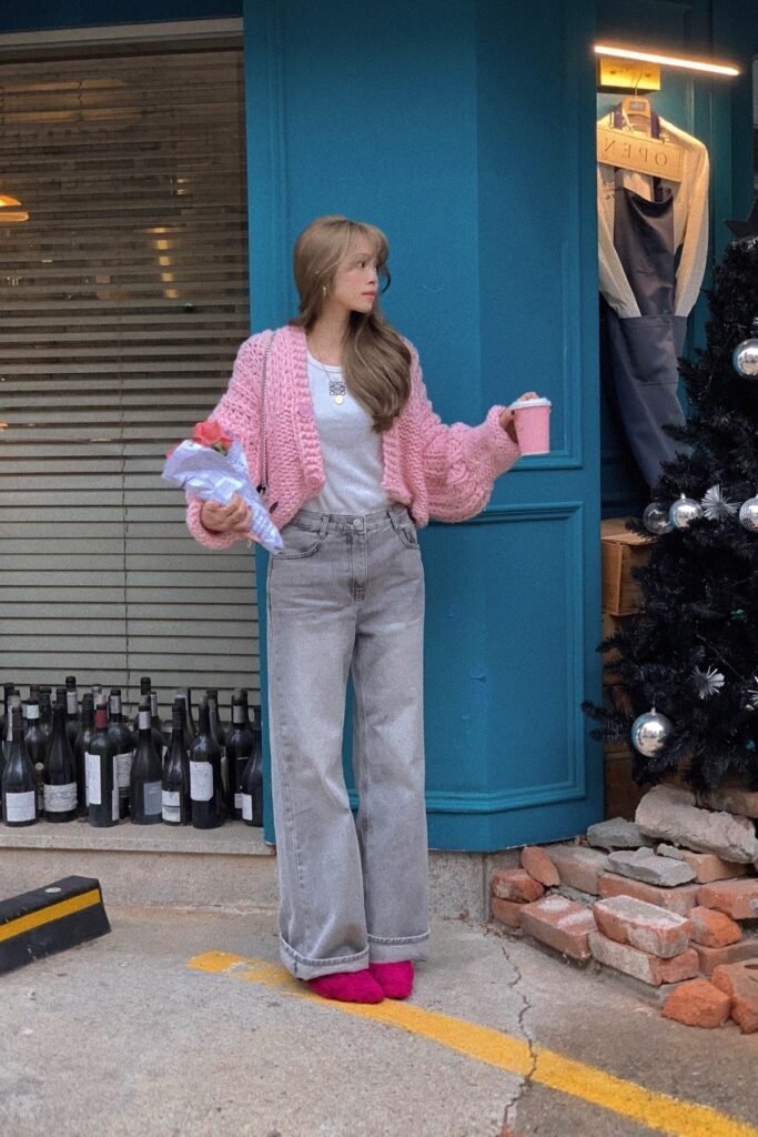 Chunky Pink Knit Cardigan + Grey Wide-Leg Jeans + Bright Pink Boots