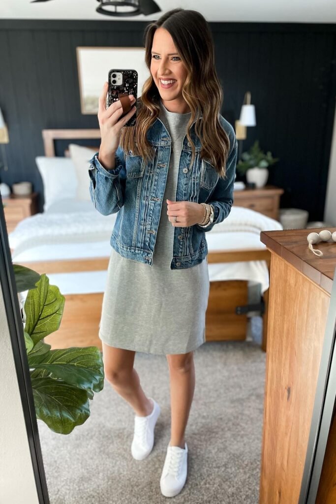 Classic Denim Jacket + Grey T-Shirt Dress + White Sneakers