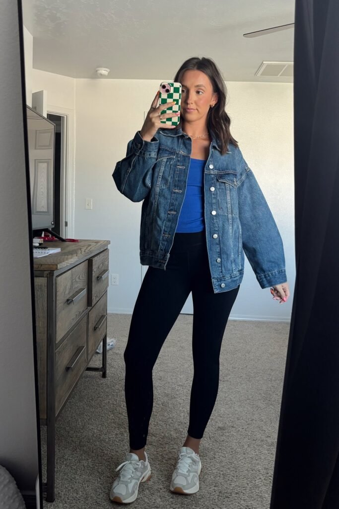 Classic Denim Jacket + High-Waisted Black Leggings + White Chunky Sneakers