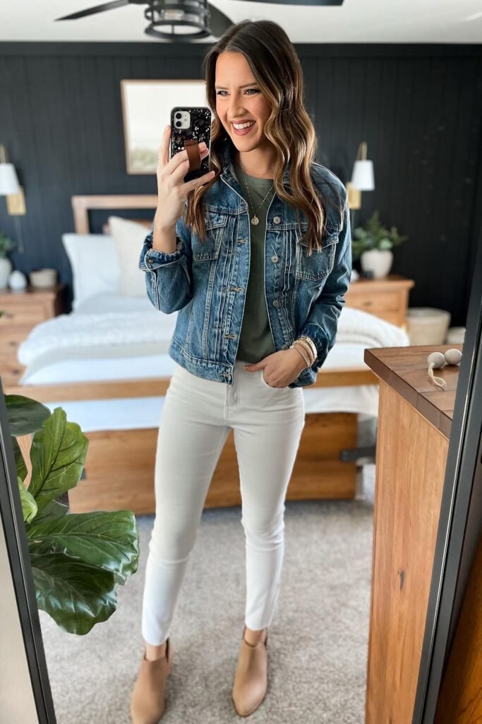 Classic Denim Jacket + Olive Green Tee + White Skinny Jeans + Tan Ankle Boots