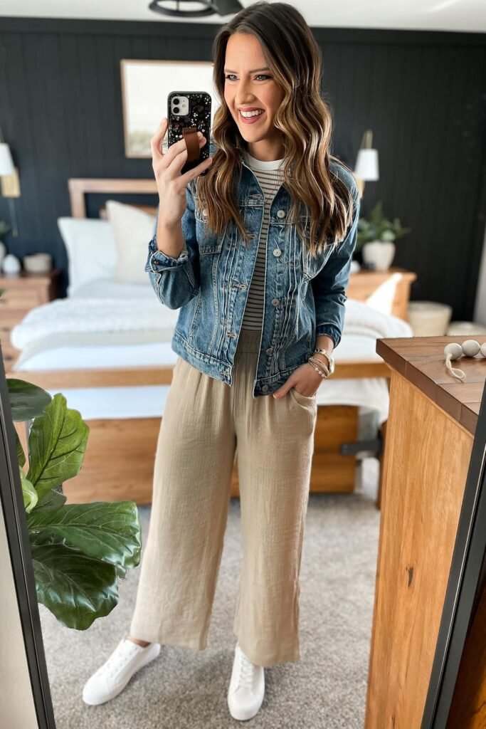 Classic Denim Jacket + Striped Tee + Tan Wide-Leg Linen Pants + White Sneakers