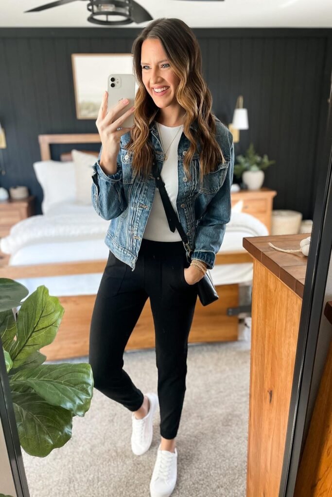 Classic Denim Jacket + White Ribbed Top + Black Tapered Joggers + White Sneakers