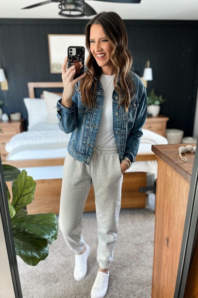 Classic Denim Jacket + White Tee + Grey Sweatpants + White Sneakers