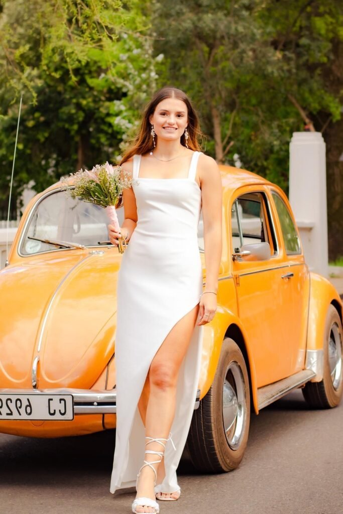 Classic White Square Neck Slit Gown + Strappy Lace-Up Sandals + Floral Bouquet