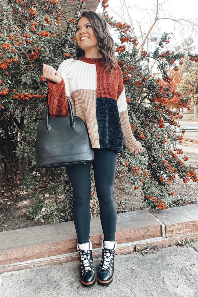 Color-Block Knit Sweater + Black Leggings + Black Shearling-Trimmed Lace-Up Boots + Black Leather Tote