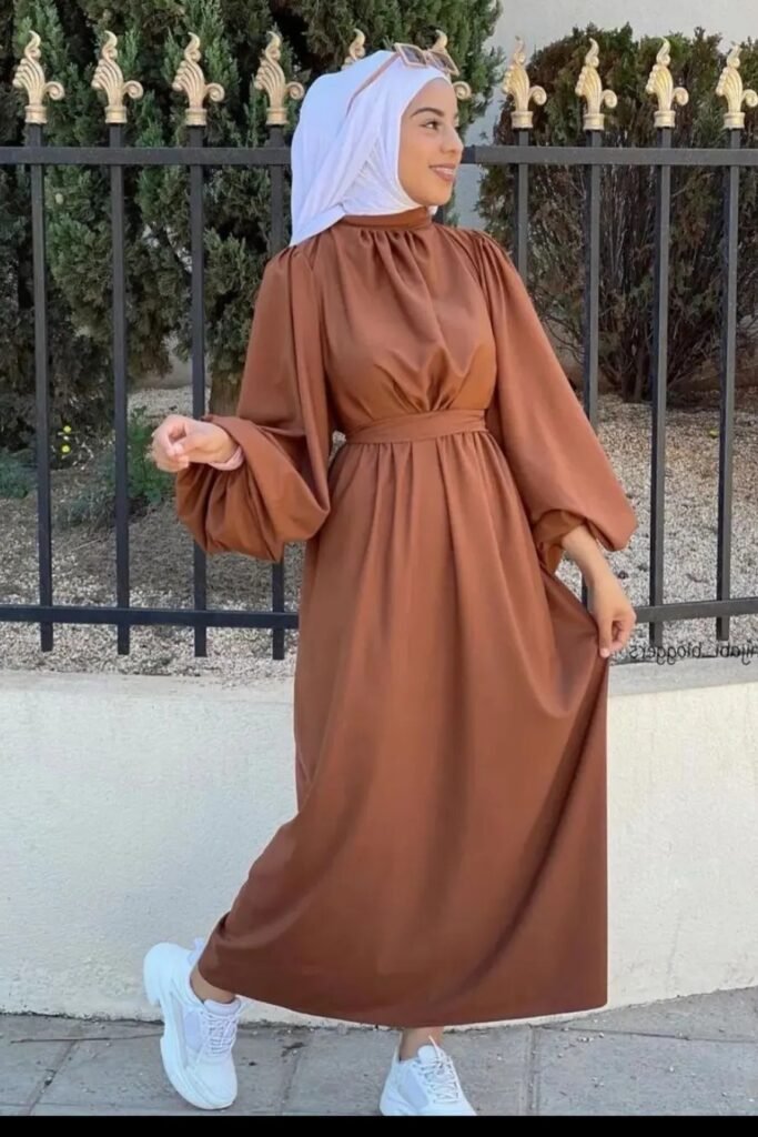 Copper Brown High-Neck Satin Dress + White Hijab + White Athletic Sneakers