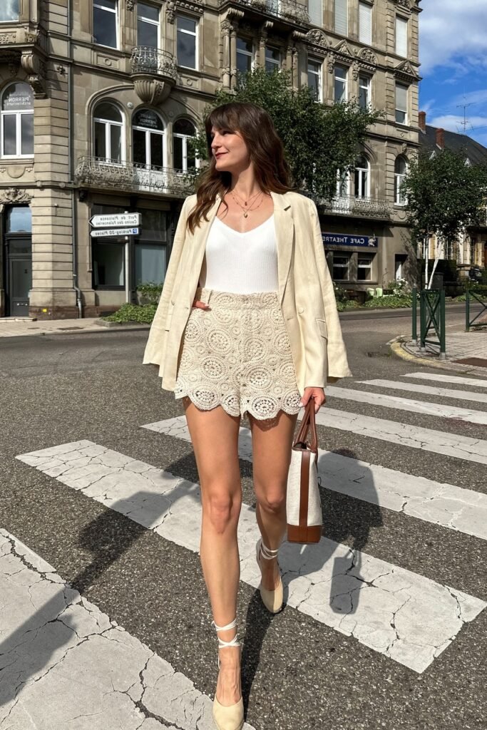 Cream Blazer + White Ribbed Tank Top + Crochet Shorts + Lace-Up Flats