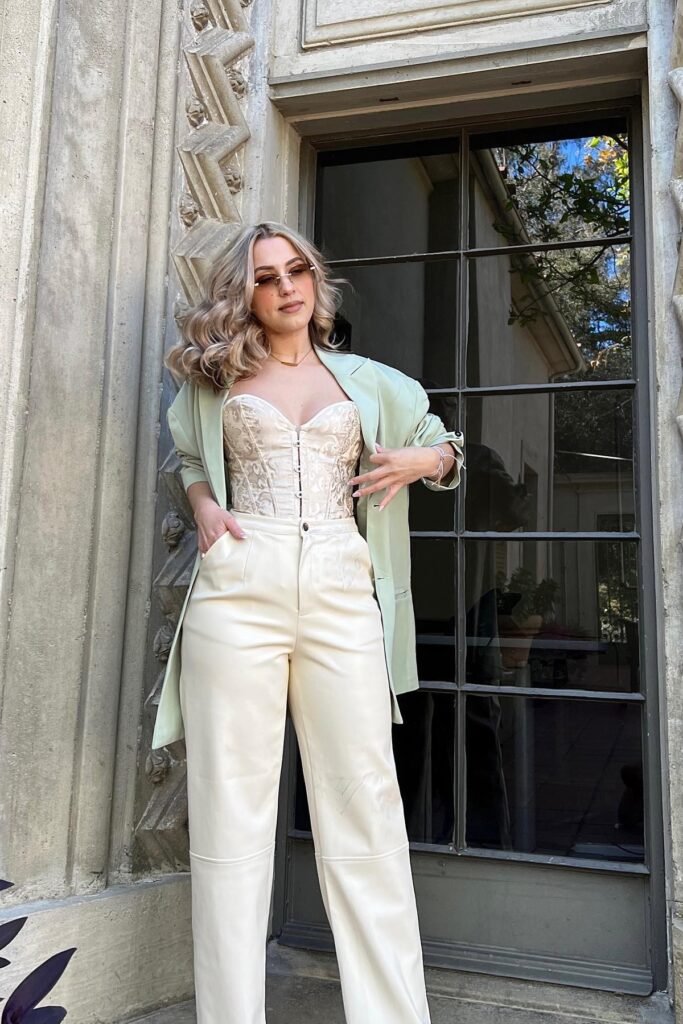 Cream Brocade Corset + Sage Green Oversized Blazer + Cream Faux-Leather Trousers