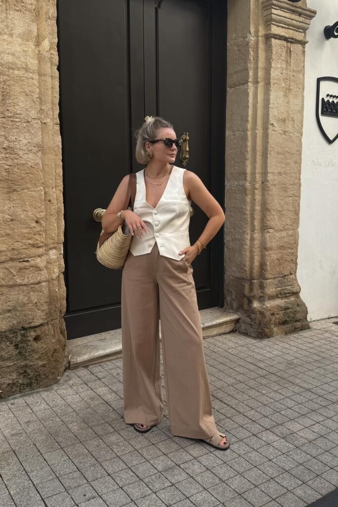 Cream Button-Up Vest + Tan Wide-Leg Trousers + Beige Slide Sandals