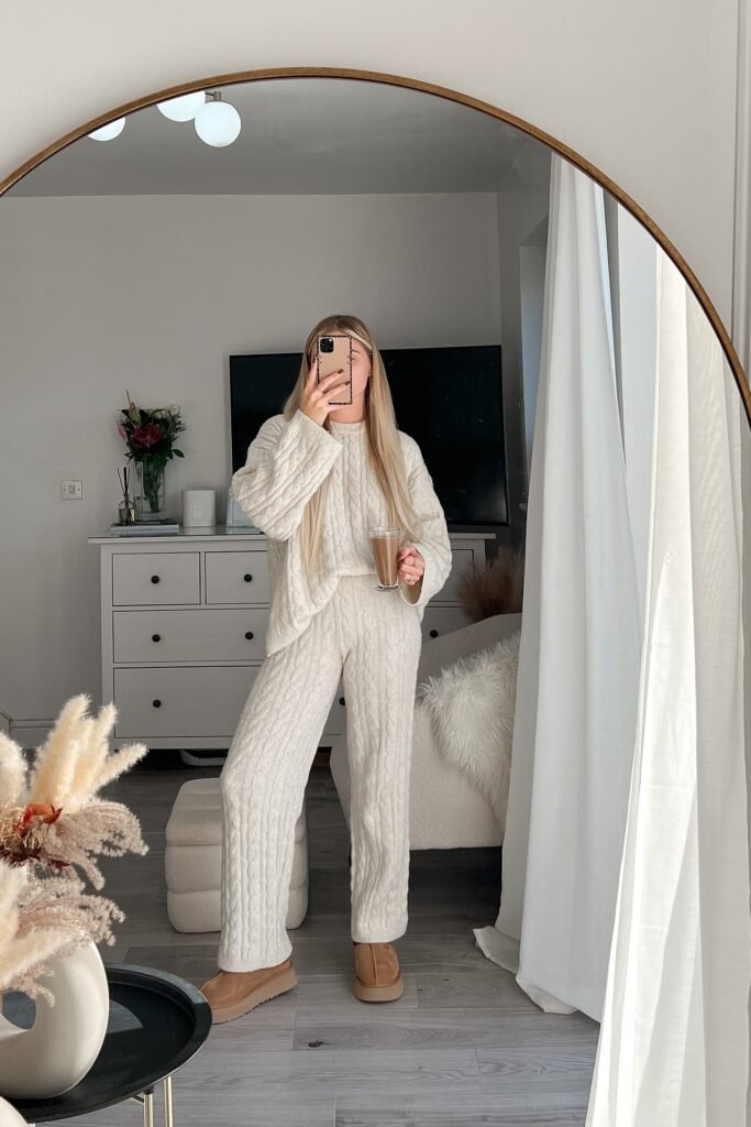 Cream Cable-Knit Sweater + Matching Cable-Knit Trousers + Tan Platform Boots