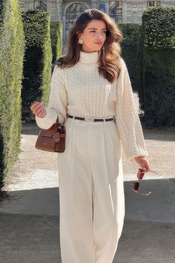 Cream Cable-Knit Turtleneck + Off-White Pleated Trousers + Brown Leather Belt
