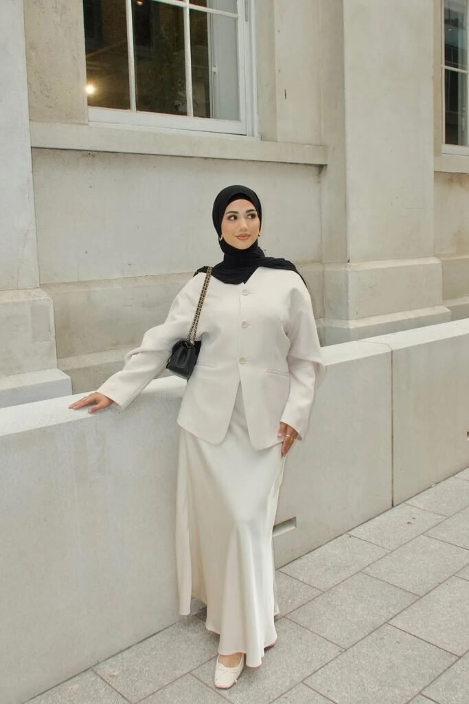 Cream Collarless Blazer + Matching Satin Maxi Skirt + Black Hijab + Cream Square-toe Flats