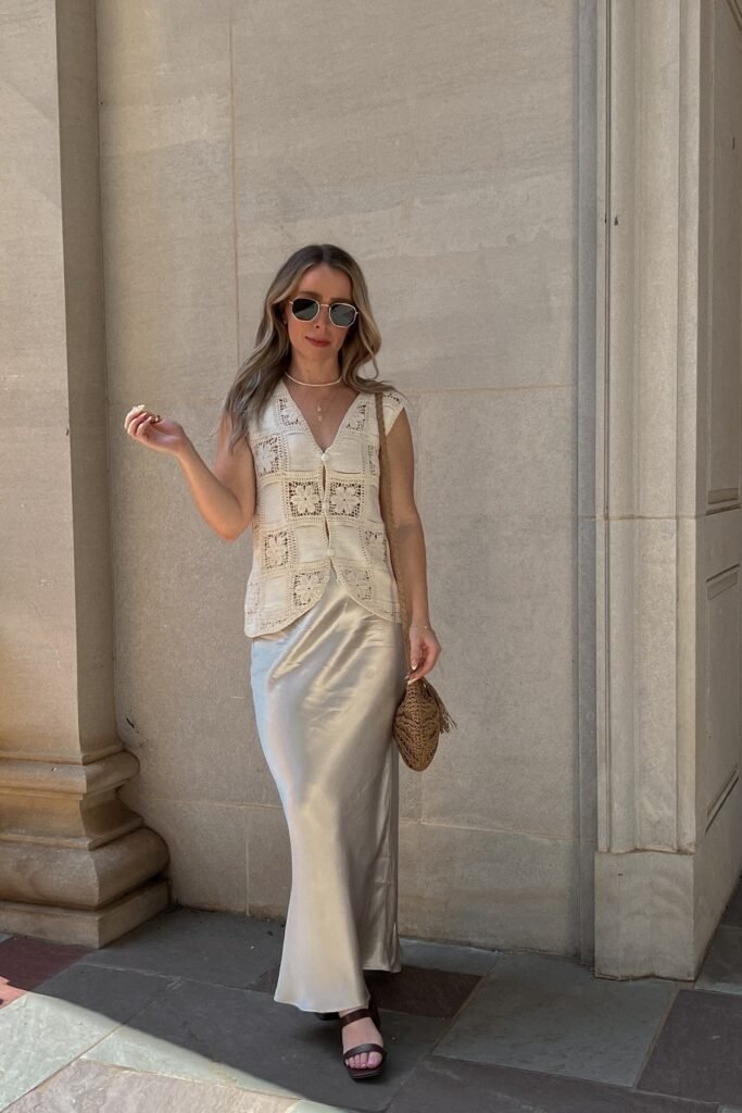Cream Crochet Vest + Champagne Satin Midi Skirt + Dark Brown Sandals